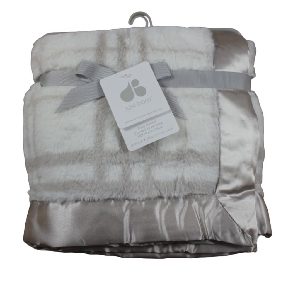 Just Born Baby Blanket Light Brown White Plaid Plush Faux Fur Satin Edge NWT
